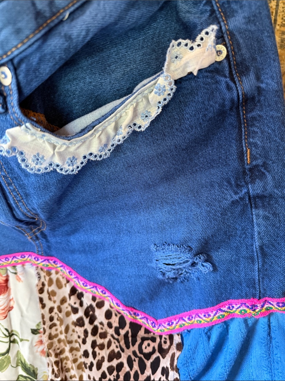 Handmade Upcycled Mixed Media Denim Boho Skirt Large - Picture 5 of 11